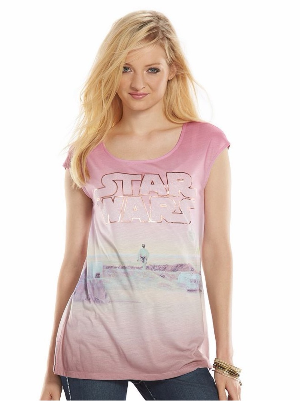 NEW Rock & Republic Star Wars Pink Glitter Embellished Tatooine Sunset Top Small